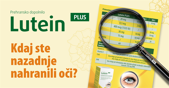 Lutein PLUS je sodobno prehransko dopolnilo, ki vsebuje pet skrbno izbranih snovi – lutein, zeaksantin, cink ter vita­mina A in E za ohranjanje vida in zaščito pred oksidativnim stresom. 