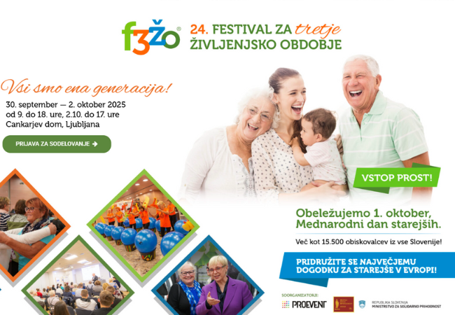 Festival bo tudi letos z bogatim naborom partnerjev in programskih vsebin izpostavil pomen aktivnega staranja, vseživljenjskega učenja in medgeneracijskega sodelovanja. (Vir: f3zo.si) 